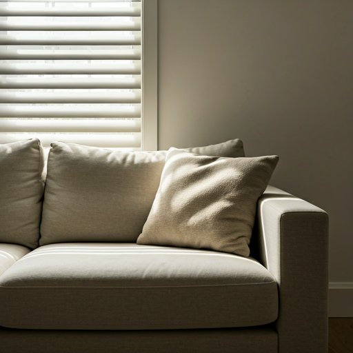 Sunlight filtering through window shutters onto a soft sofa
